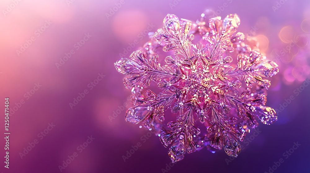 Naklejka premium A delicate snowflake with sparkling edges on a twilight purple background