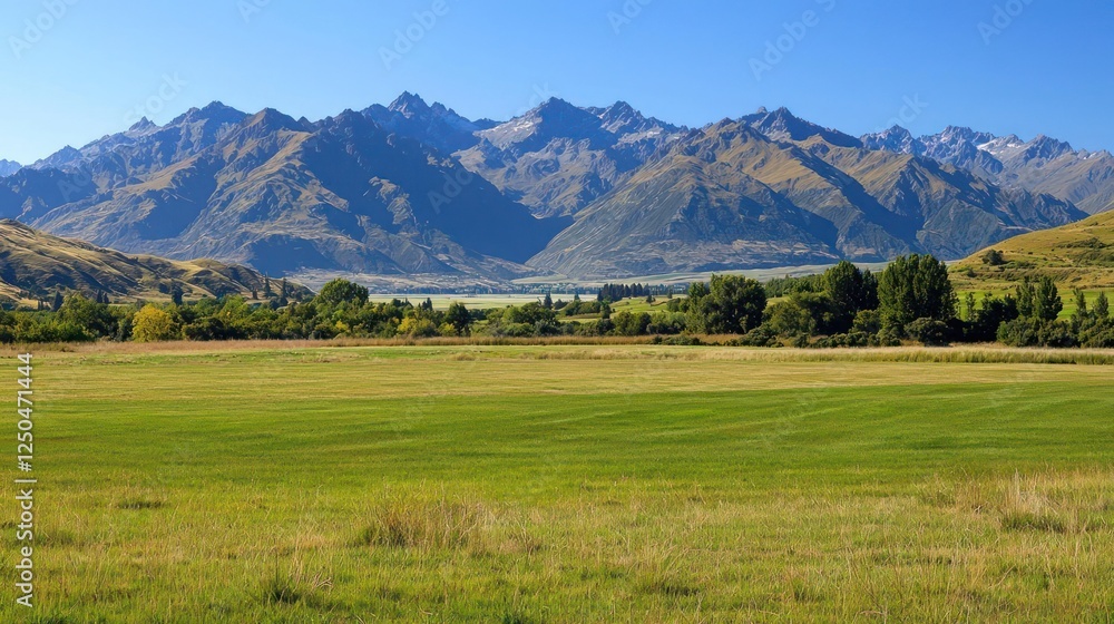 Fototapeta premium Expansive Meadow Valley With Mountain Range