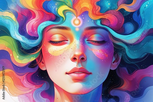 Wallpaper Mural Vibrant Colorful Illustration of a Serene Woman Exuding Tranquility and Emotion Torontodigital.ca