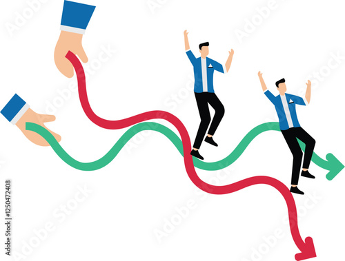 Price volatility and instability, market control and risk management, hands waving up and down chart arrows