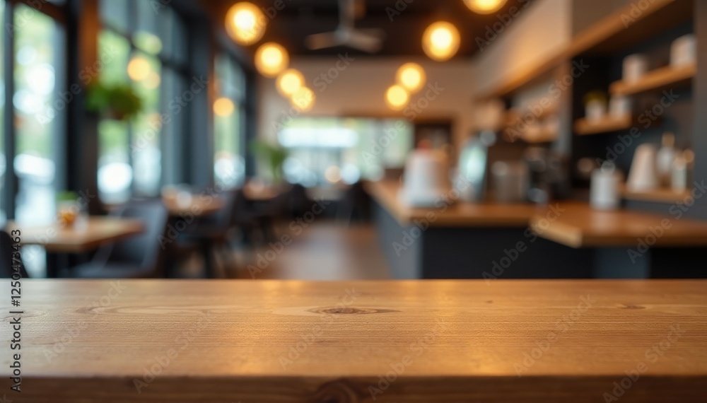 Empty wooden table; abstract coffee shop blur, space, mockup, abstract Empty wooden table; abstract coffee shop blur, space, mockup, abstract