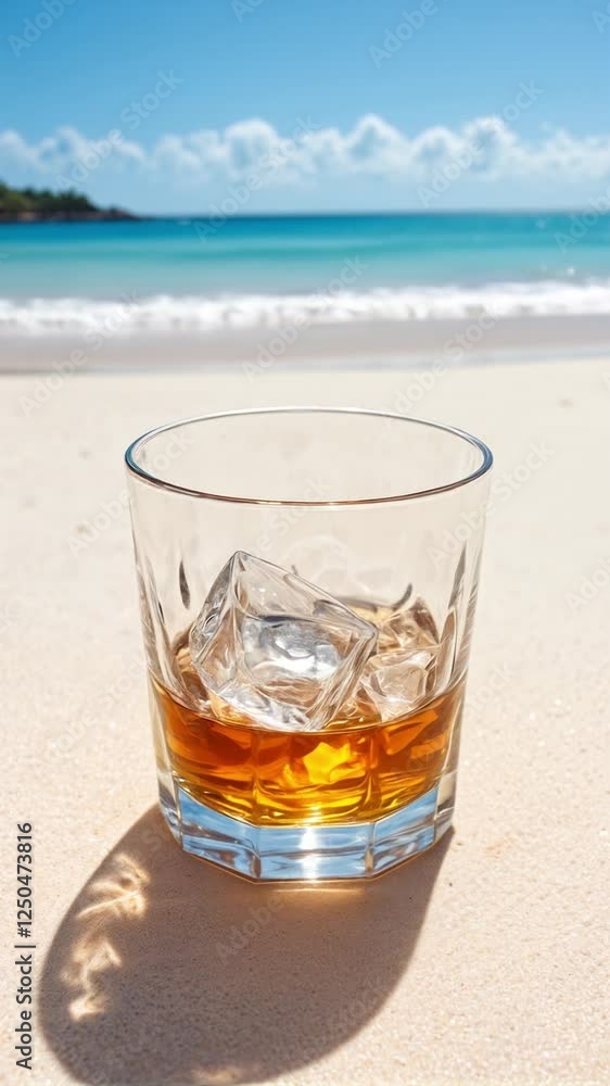 Glass of whiskey with ice on a sandy beach on a sunny day loop Glass of whiskey with ice on a sandy beach on a sunny day loop