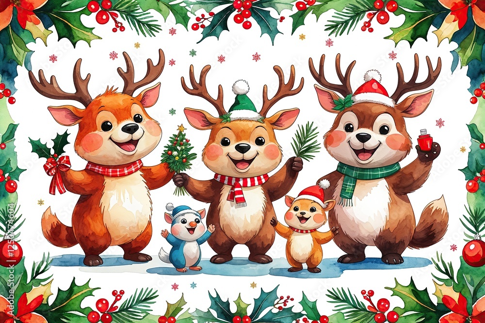Naklejka premium Cheerful Cartoon Holiday Animals Celebrating in Bright Watercolor with Festive Border