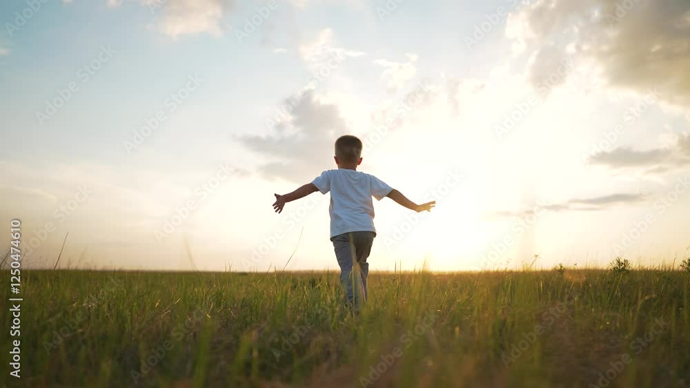 Happy child playing at sunset. Young boy runs on grass arms outstretched. Scenic sunset joyful play concept. Carefree childhood moment child playing freely. Sunset adventure child enjoying nature play Happy child playing at sunset. Young boy runs on grass arms outstretched. Scenic sunset joyful play concept. Carefree childhood moment child playing freely. Sunset adventure child enjoying nature play