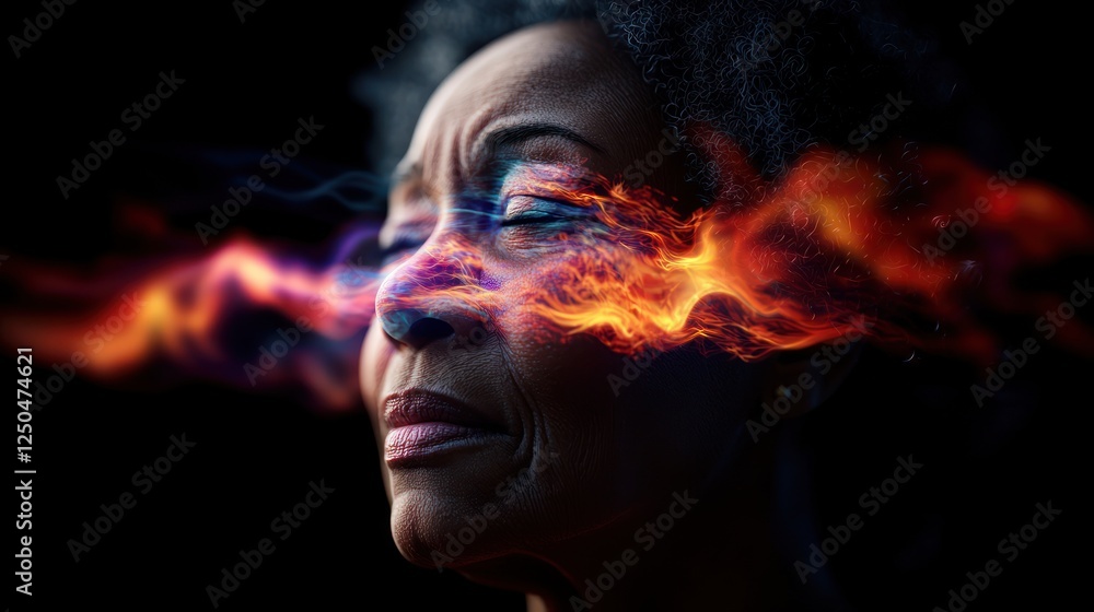 A contemplative woman with closed eyes, surrounded by vibrant flames, symbolizing inner strength A contemplative woman with closed eyes, surrounded by vibrant flames, symbolizing inner strength