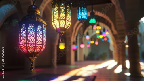Elegant islamic eid al-adha greeting card design featuring traditional lanterns, golden arabic calligraphy, and a festive glow, symbolizing the spirit of the festival of sacrifice with spiritual warmt