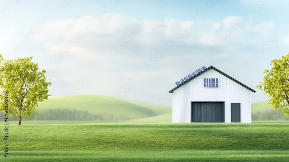 Solar Powered Production Facility in Green Field - Sustainable energy, rural industry, eco-friendly building, clean technology Solar Powered Production Facility in Green Field - Sustainable energy, rural industry, eco-friendly building, clean technology