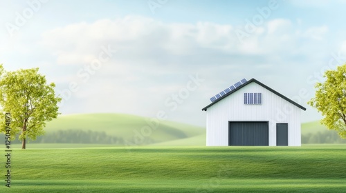 Wallpaper Mural Solar Powered Production Facility in Green Field - Sustainable energy, rural industry, eco-friendly building, clean technology Torontodigital.ca