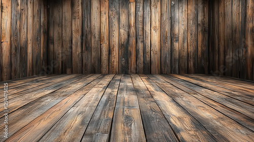 A spacious interior featuring rustic wooden walls and a warm wooden floor. The textured surfaces add depth and character  creating a cozy atmosphere ideal for creatives