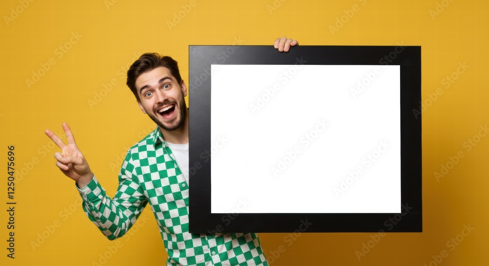 A happy man shows an information banner, such as a shopping discount. A happy man shows an information banner, such as a shopping discount.