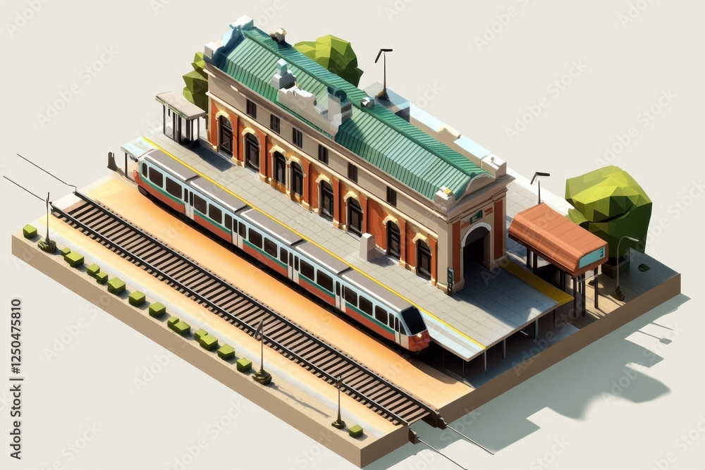 Isometric illustration of a train station with a train. Low poly style, detailed architectural design, light brown and terracotta colors, urban scene. Isometric illustration of a train station with a train. Low poly style, detailed architectural design, light brown and terracotta colors, urban scene.