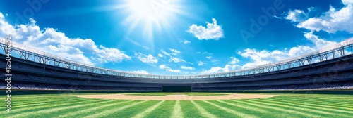 Sunny Day at Baseball Stadium - A wide shot of an empty baseball stadium on a bright sunny day with a clear blue sky and fluffy white clouds. photo