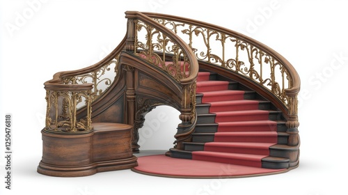 Elegant Curved Wooden Staircase with Red Carpet and Intricate Railing