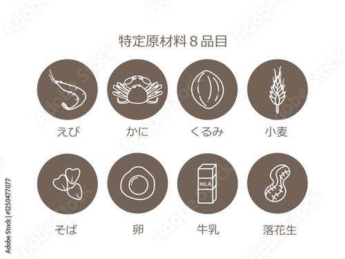 アレルギー、特定原材料8品目の文字と食材