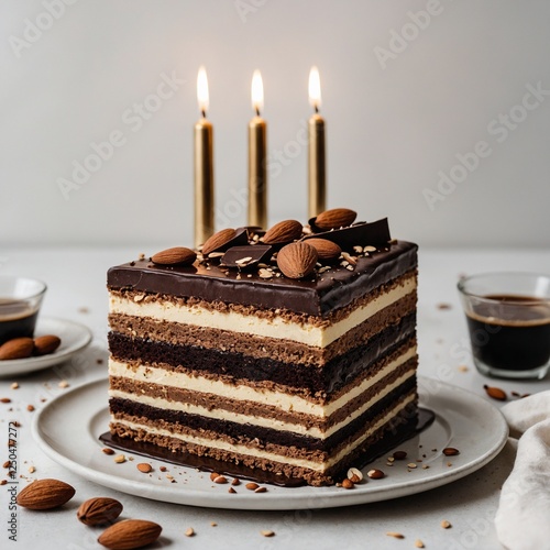 A luxurious opera cake-inspired birthday cake with layers of chocolate, espresso, and almond, topped with elegant candles, displayed on a pure white background.