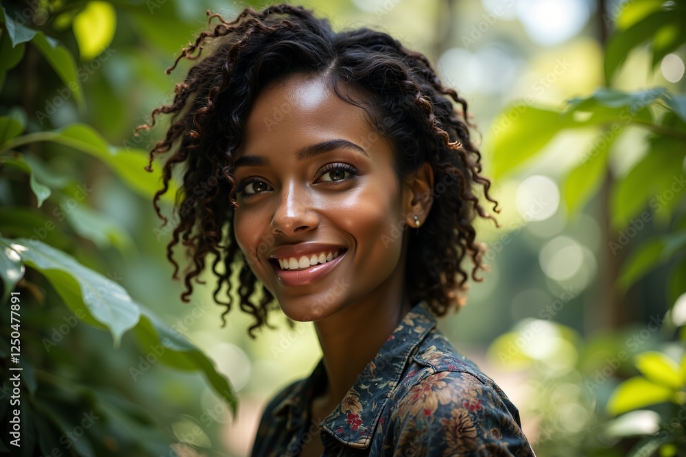 Radiant woman smiling amidst lush greenery in soft natural light, photography of portrait concept. Radiant woman smiling amidst lush greenery in soft natural light, photography of portrait concept.