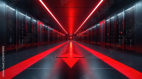 A modern data center with rows of server racks, photo