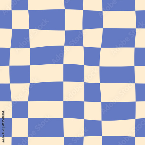 Abstract seamless large pattern of horizontal blue stripes in a row on a light background, distorted checkerboard pattern, wavy checkered pattern, simple hand drawn illustration, flat style