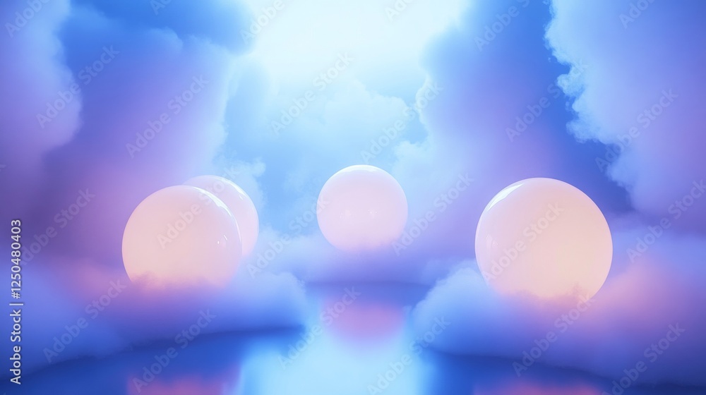 Abstract Neon Spheres Floating On Clouds Abstract Neon Spheres Floating On Clouds