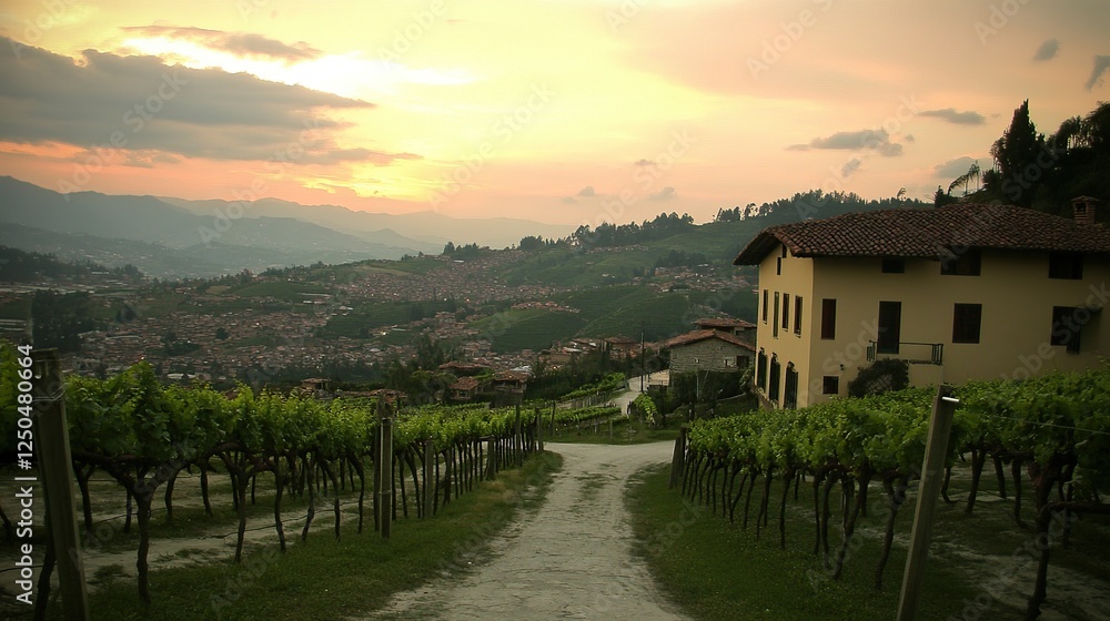 Fototapeta premium Sunset vineyard path, Italian hillside village