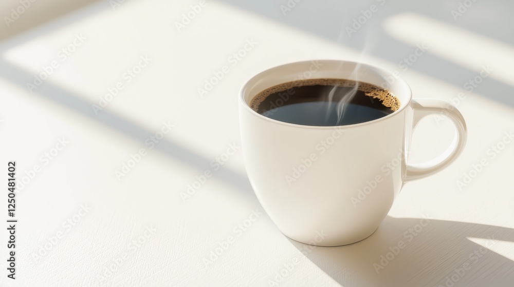 A steaming cup of black coffee sits on a light surface, casting soft shadows, evoking warmth and comfort. A steaming cup of black coffee sits on a light surface, casting soft shadows, evoking warmth and comfort.