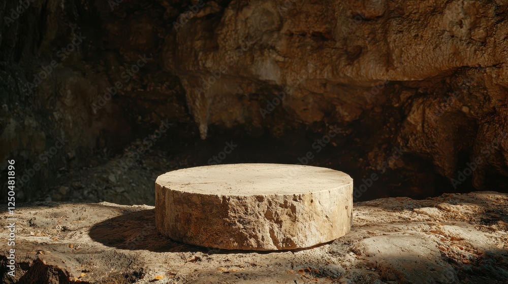 Fototapeta premium A circular stone platform rests in a natural cave, illuminated by soft light, showcasing its rough texture against a rocky backdrop.