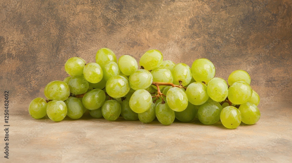 A cluster of fresh green grapes resting on a textured surface, showcasing their plump, juicy appearance. A cluster of fresh green grapes resting on a textured surface, showcasing their plump, juicy appearance.