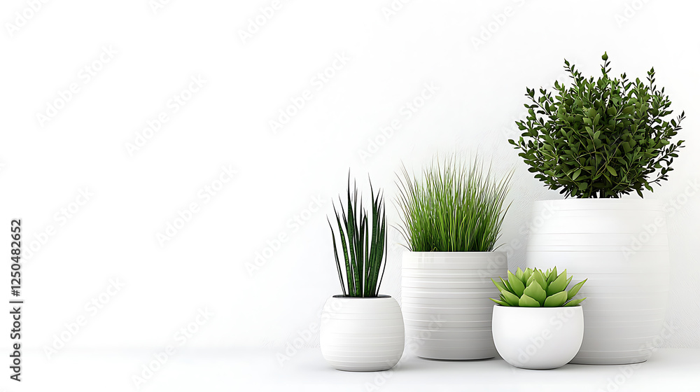 Fototapeta premium Indoor greenery display potted plants arrangement minimalist home decor bright indoor environment aesthetic viewpoint