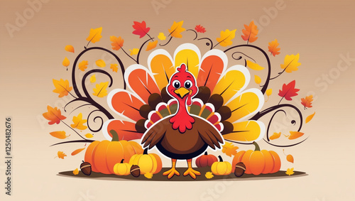 Festive Thanksgiving Illustration with Cartoon Turkey and Autumn Elements