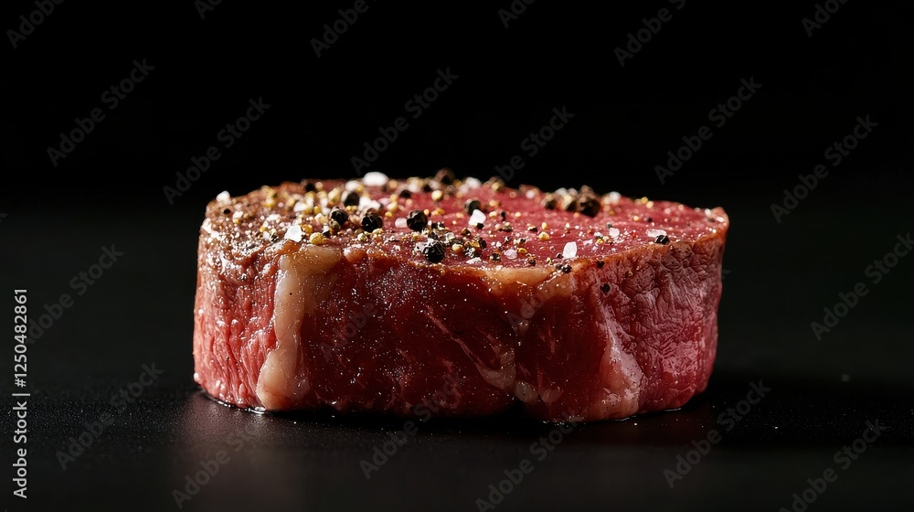 A beautifully seasoned piece of raw steak, showcasing its rich texture and marbling against a dark background. A beautifully seasoned piece of raw steak, showcasing its rich texture and marbling against a dark background.