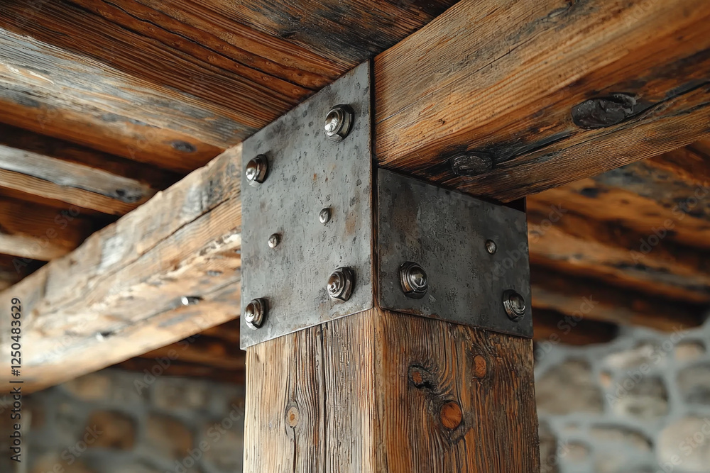 Rustic wooden beams and metal supports in building