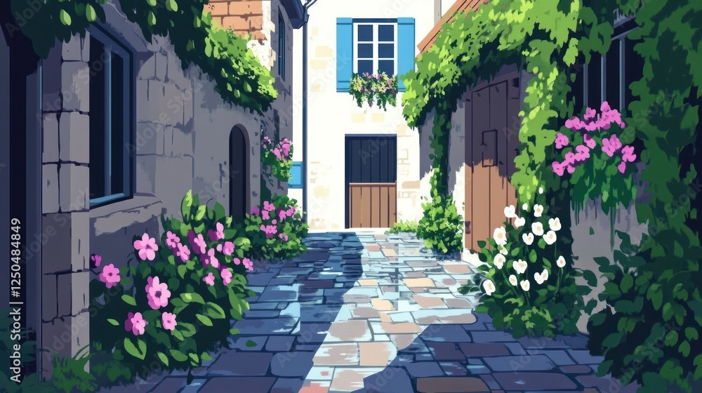 Naklejka premium Charming European Alleyway Scene with Cobblestone Street and Floral Accents