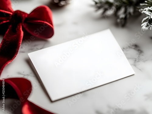 Elegant Christmas Card Mockup: A blank card rests against a festive backdrop of a plush red bow, snowy pine branches, and a textured marble surface, inviting creativity to fill its pristine space. photo