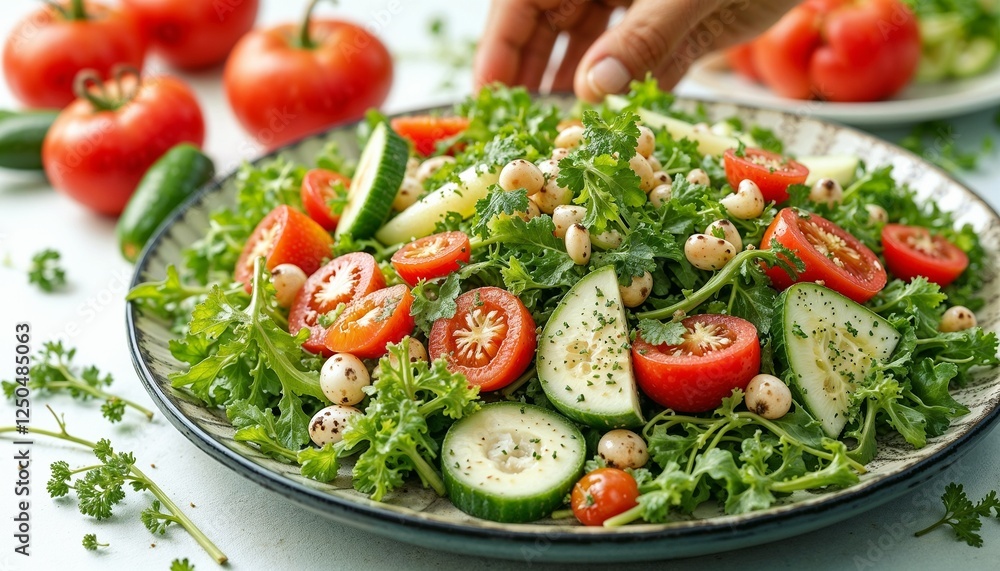 Fresh vegetable salad with tomatoes, cucumbers, and herbs on a plate Fresh vegetable salad with tomatoes, cucumbers, and herbs on a plate