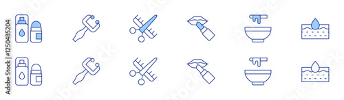 Beauty icon set in two styles, Duotone and Thin Line style. Editable stroke. lipstick, beauty, moisturizing, deodorant, massager, hairdressing