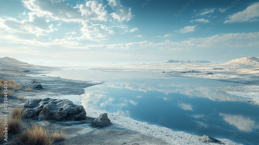 Obraz premium Sandy Beach with a Blue Ocean and Cloudy Sky