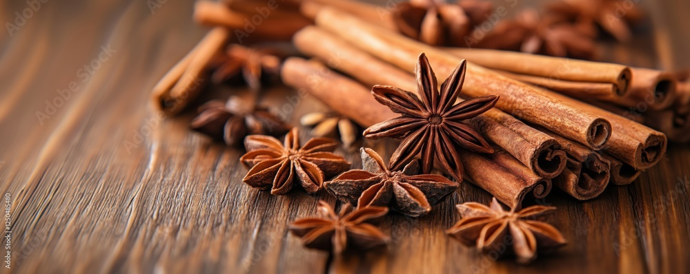 Cinnamon Sticks and Star Anise on Wooden Surface for Culinary Use and Decoration, copy space for text Cinnamon Sticks and Star Anise on Wooden Surface for Culinary Use and Decoration, copy space for text