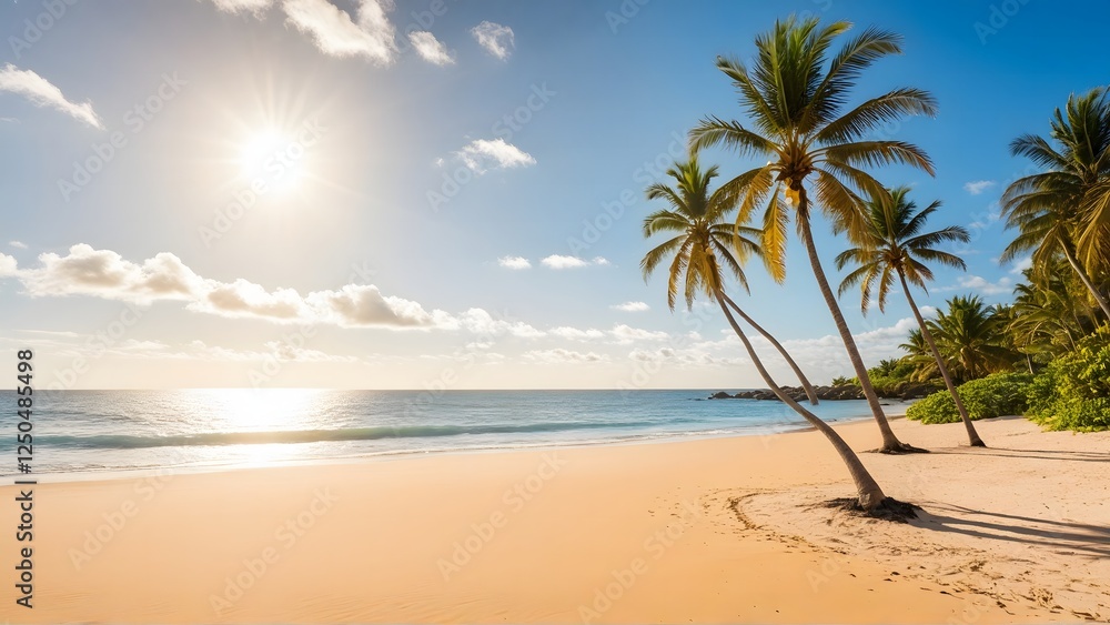 Obraz premium Tropical Beach with Palm Trees and Golden Sand at Sunrise