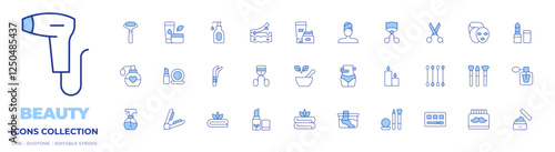 Beauty icons collection. Line Duotone style, editable stroke. bath towel, mortar, hair straightener, organic product, make up, tweezers, eyelash curler, towel, beauty, perfume