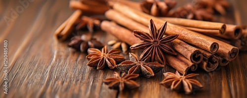 Cinnamon Sticks and Star Anise on Wooden Surface for Culinary Use and Decoration, copy space for text