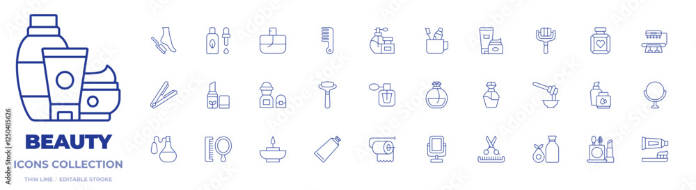 Beauty icons collection. Thin Line icons, editable stroke. fragrance, perfume, beauty, cologne, face roller, hair comb, hair straightener, organic product, pedicure, serum Beauty icons collection. Thin Line icons, editable stroke. fragrance, perfume, beauty, cologne, face roller, hair comb, hair straightener, organic product, pedicure, serum