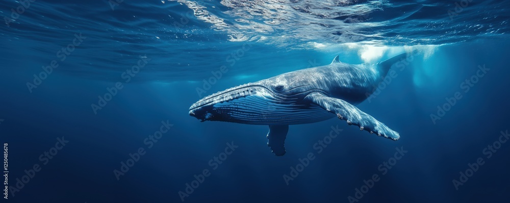Fototapeta premium Humpback whale swimming gracefully in deep blue ocean waters, copy space for text