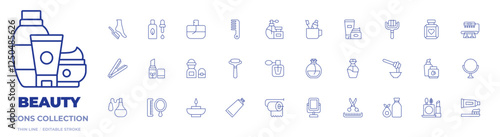 Beauty icons collection. Thin Line icons, editable stroke. fragrance, perfume, beauty, cologne, face roller, hair comb, hair straightener, organic product, pedicure, serum