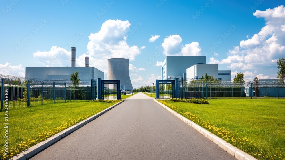 A paved road leads to a secure industrial facility entrance on a sunny day A paved road leads to a secure industrial facility entrance on a sunny day