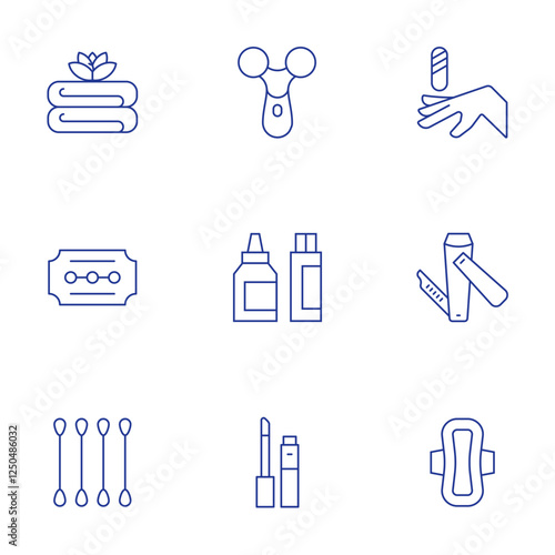 Beauty icons set. Thin Line style, editable stroke. bath towel, blade, cotton swabs, facial, hair product, lipgloss, manicure, nail clipper, sanitary napkin