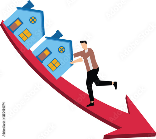 Falling home prices, life preservers connected to falling charts that traders below the house hand grabbed