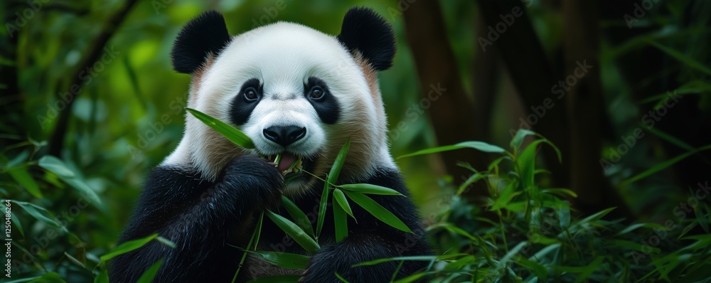Obraz premium Giant panda eating bamboo in lush green forest habitat, copy space for text