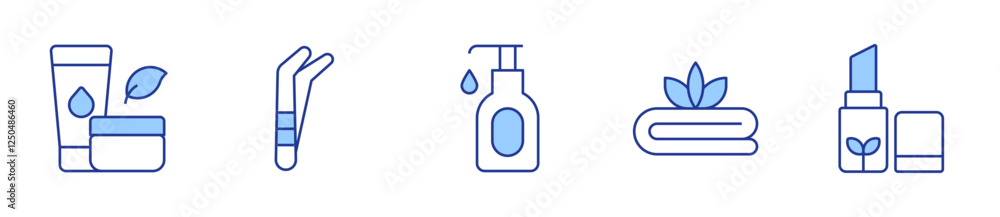 organic product, tweezers, shampoo, towel, cosmetics. Beauty Icon vector illustration. Line Duotone style. Editable stroke organic product, tweezers, shampoo, towel, cosmetics. Beauty Icon vector illustration. Line Duotone style. Editable stroke