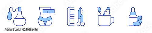slim, argan oil, scissors, toothbrush, fragrance. Beauty Icon vector illustration. Line Duotone style. Editable stroke