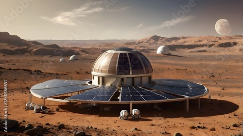 A highly advanced AI-managed planetary colony powered entirely by solar energy, where AI monitors climate conditions, distributes power efficiently, and autonomously builds solar infrastructure to sus